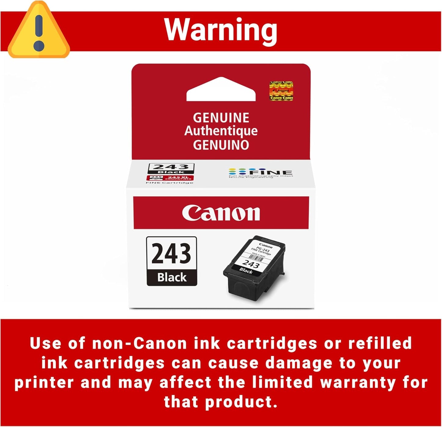 Canon PG-243 Genuine Black Ink Cartridge, Compatible with iP2820, MX492, MG2420/2520/2920/2922/2924/3020/2525, TS3120/302/302a/202/4520/3320