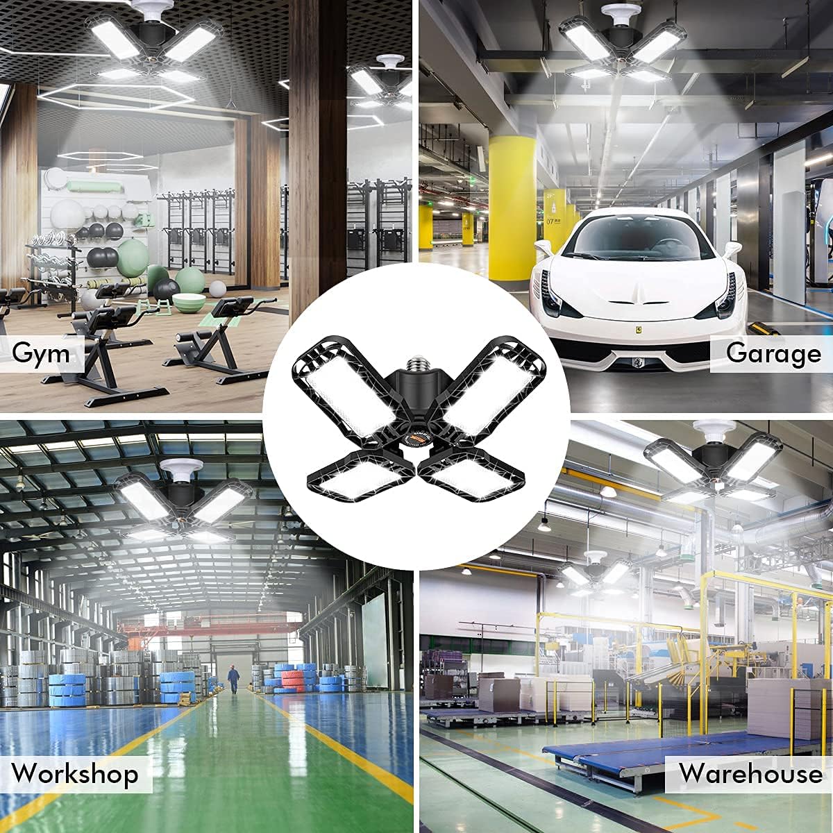 LED Garage Light 4 Pack, 120W Ultra Bright LED Shop Light with 4 Adjustable Panels, 12000LM E26/E27 Base Deformable Ceiling Fixtures for Garage, Workshop, Attic, Basement, Barn (Black-4 Pack)