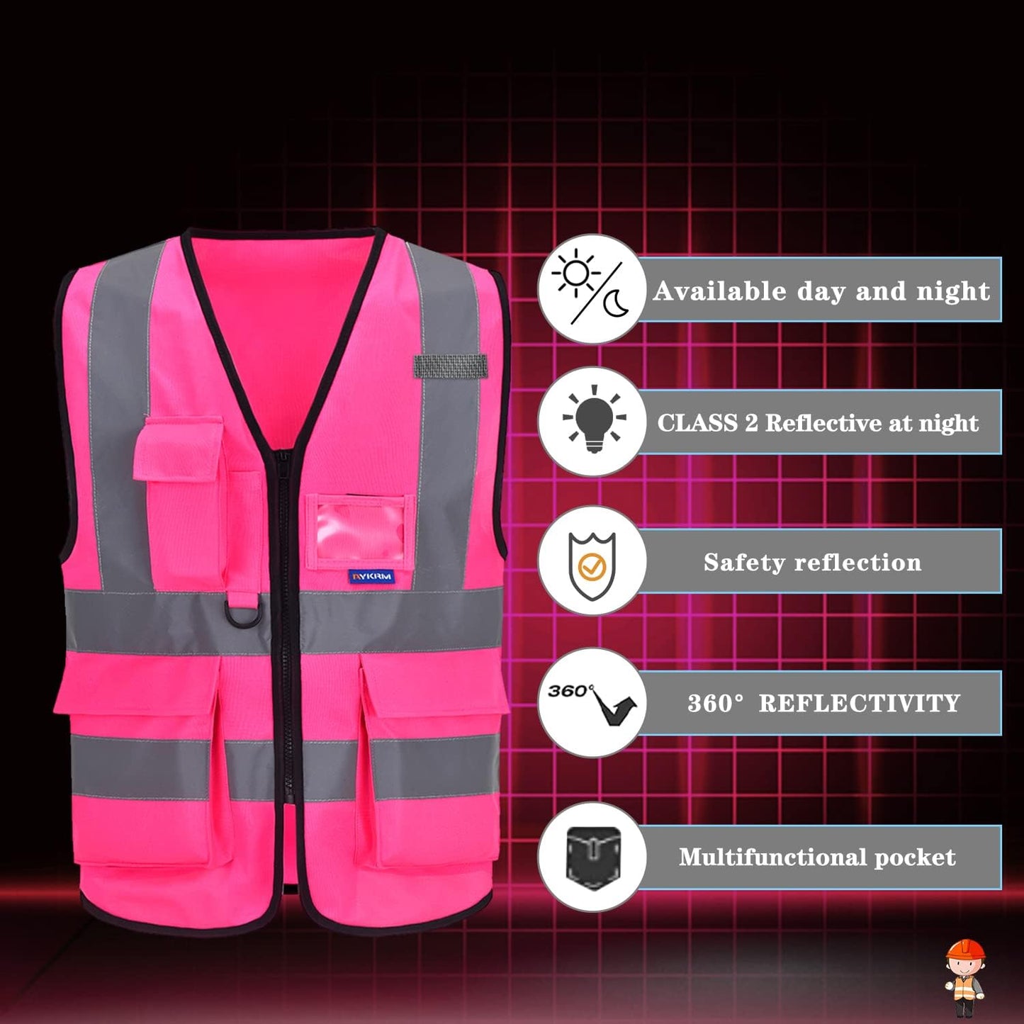 A-SAFETY Pink Safety Vest with Pockets Hi Viz Zipper Front Working Safety Vest with Reflective Strips, Multiple Colors Available,Large