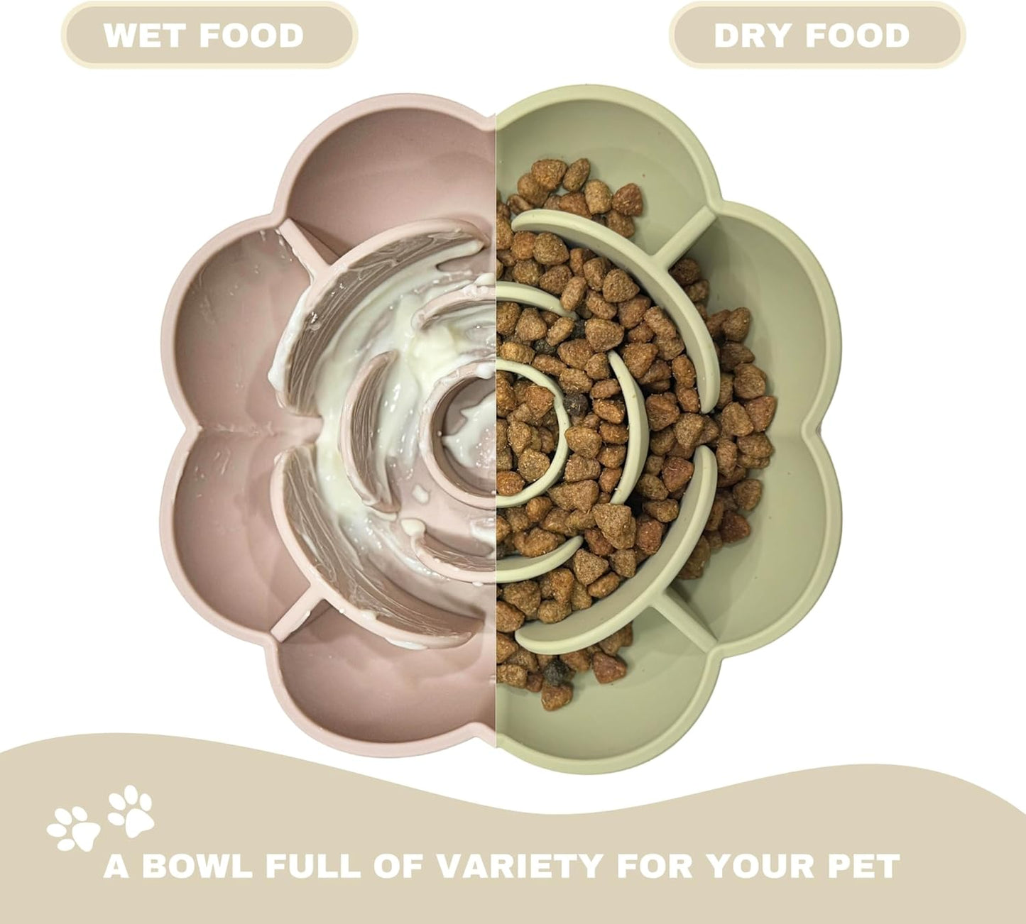 Hanara Sillicone Slow Feeder Dog Bowls & Lick Mat with Suction Bottom | Rose Petals Design | Promotes Better Digestion, Prevent Choking | Dish Washer Safe | Great Size for All Breed (Peach Beige)