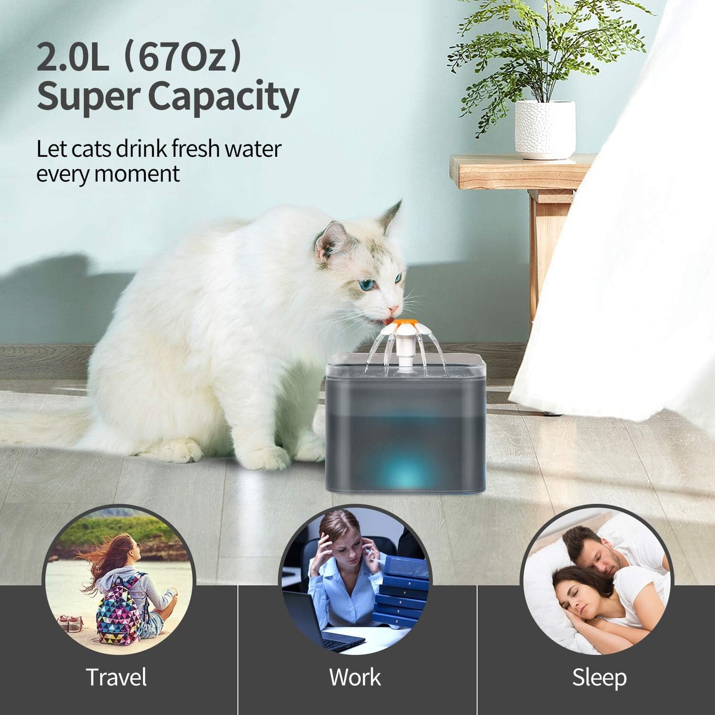 Cat Water Fountain, 67oz/2L Automatic Pet Water Fountain with Silicone Mat, Ultra Quiet Cat Water Dispenser with LED Light & Adapter for Cats Dogs Pets