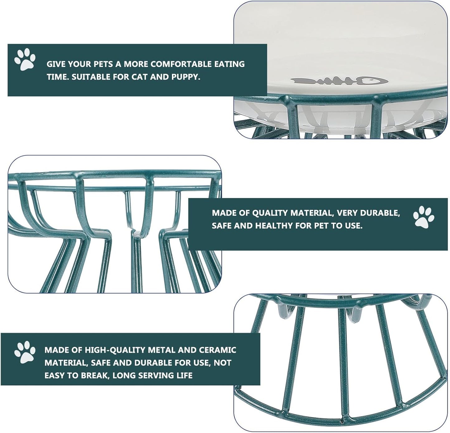 Milisten Pet Cat Ceramic Raised Feeding Bowl with Metal Rack Anti-Overturn Food and Water Dish Set Elevated Pet Bowl for Cats to Protect Spine and Feeding Comfort 2pcs Set Green Metal Stand
