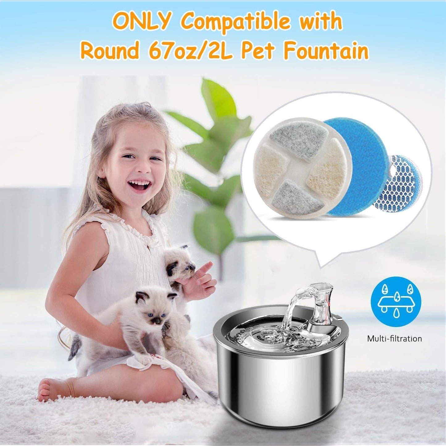 12 Set Cat Fountain Filter Replacement for Round 2L/67oz Automatic Dog Dispenser Water Bowl, Stainless Steel Pet Water Fountain Filters with Triple