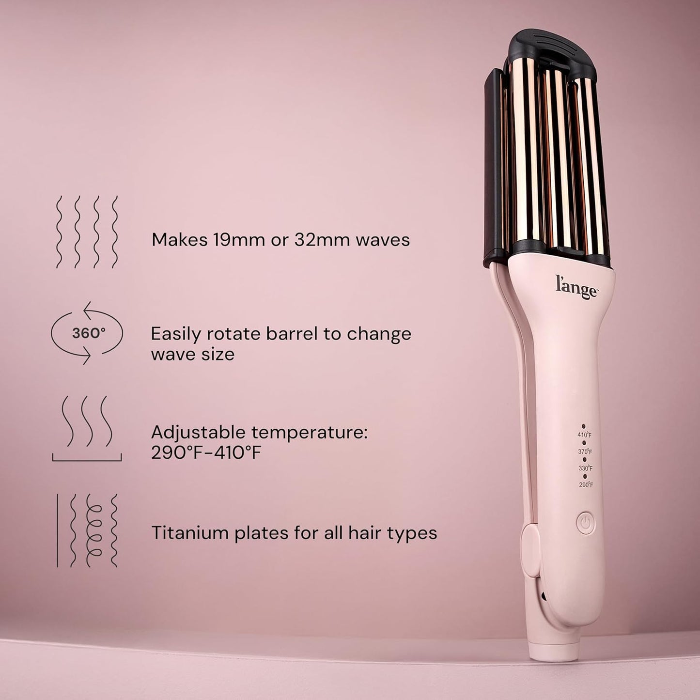 L'ANGE HAIR VersaWaver | 2-in-1 Adjustable Titanium Hair Waver & Crimper | 19mm & 32mm Barrels for Beach Waves & Defined Crimps | 3 Barrel Hair Tool with Heat Glove & Mat, Dual Voltage | Blush