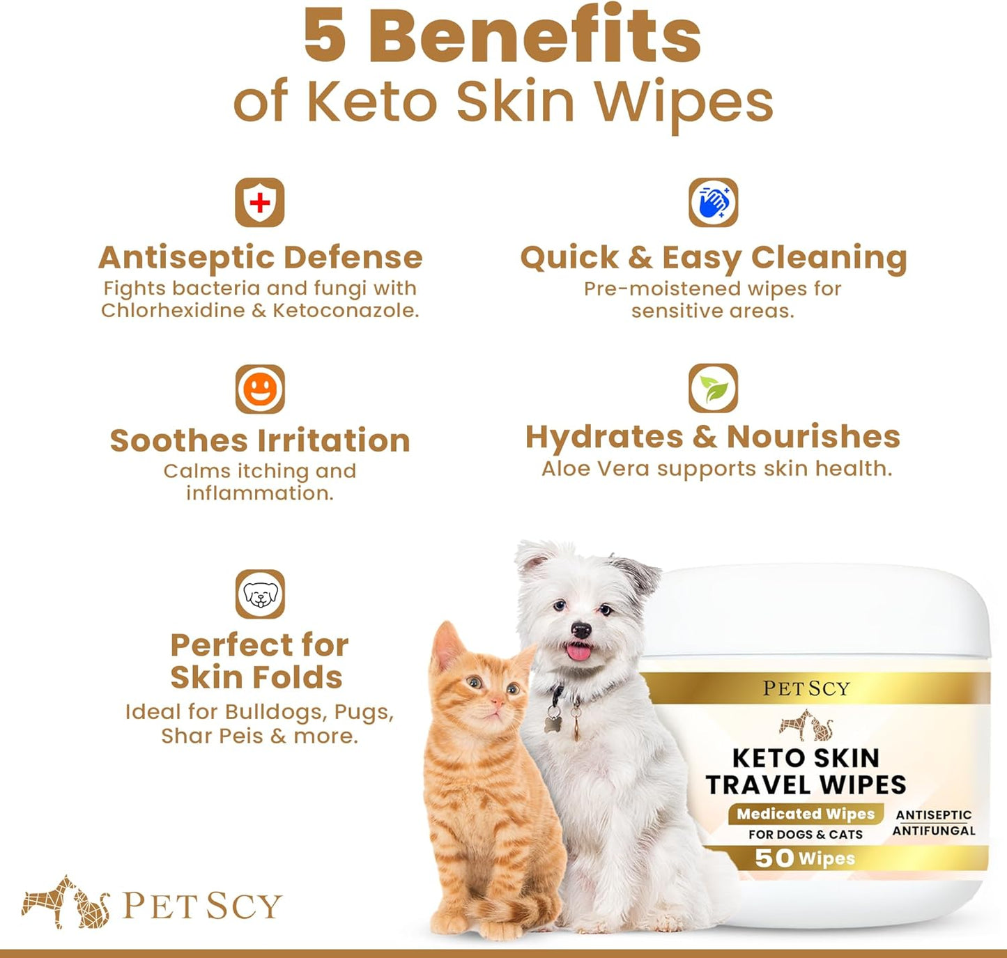 Petscy Keto Skin Travel Wipes - Antiseptic Dog Wipes for Paws, Ears, Facial Folds, Underarms & Other Sensitive Areas for Dogs & Cats – Aloe-Infused, Non-Greasy Formula (Travel)