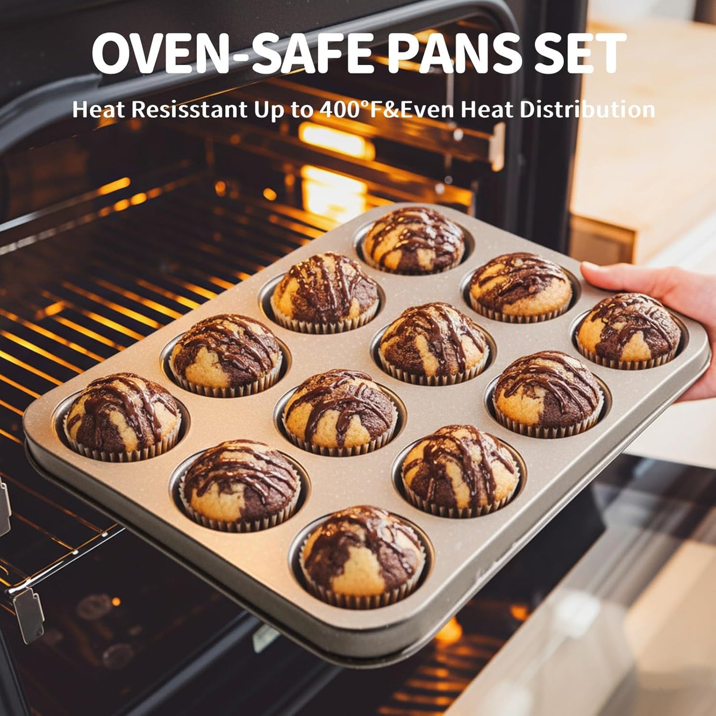 10-Piece Baking Pans Set, Bakeware Sets Nonstick, Baking Set for Oven Cooking, Stackable Carbon Steel Pans Include Cookie Sheets, Muffin Pan, Cake Pan, Pizza Pan, Loaf Pan, Roasting Pan, Gold