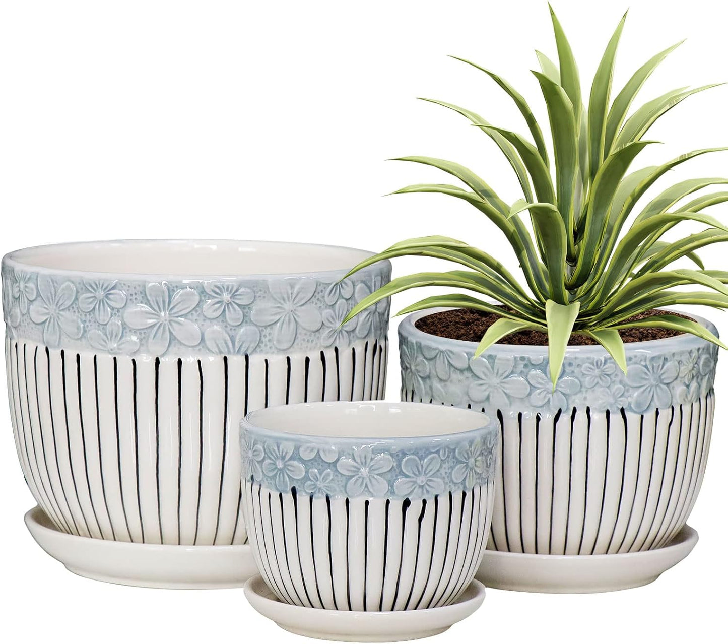 Ton Sin Grey Flower Pots,Texture Planter for Indoor Plants Set of 3 Ceramic Flower Pots with Saucer,Cute Garden Pots Succulent Pots（3 Pack,Grey