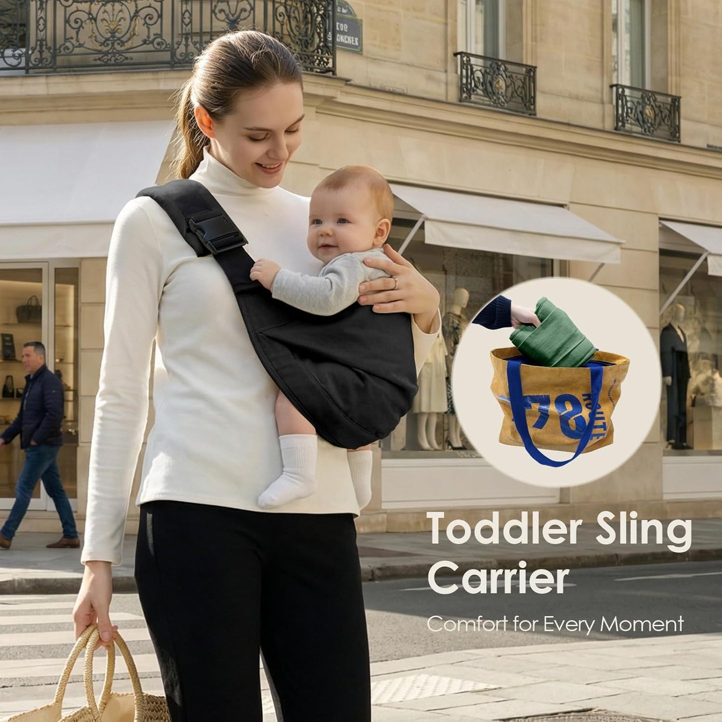 Baby Sling Carrier for Toddler, Baby Carrier Sling, Lightweight Toddler Carrier with Secure Buckle, Premium Cotton Toddlers Hip Carry Sling, Adjustable with Left/Right Shoulder Strap, Black