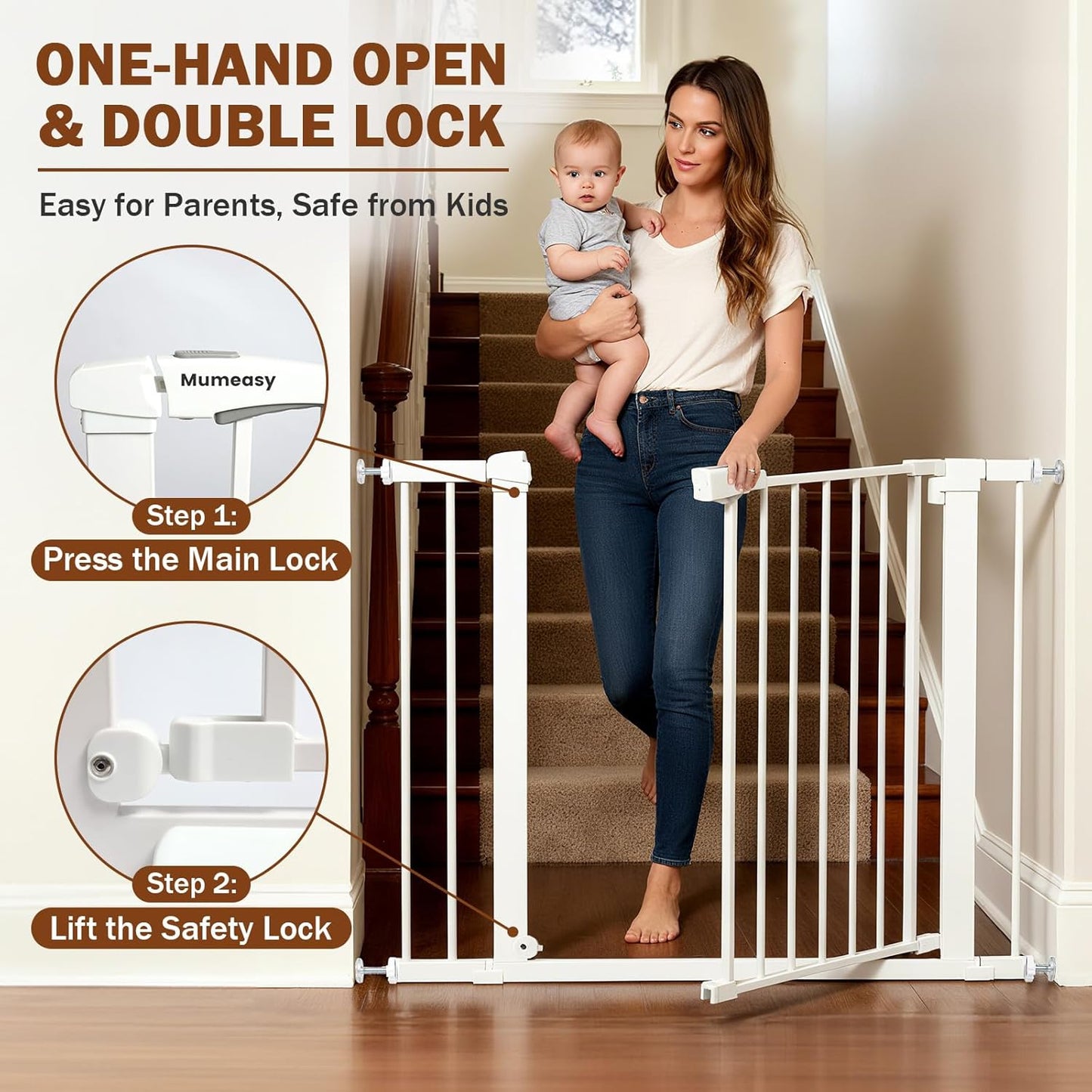 Mumeasy 36" High Extra Tall Dog Gate, 29.6"-40.5" Wide Pressure Mounted Tall Baby Gate for Dog, Auto Close Pet Gate with Door for Stairs,Doorways,House,White