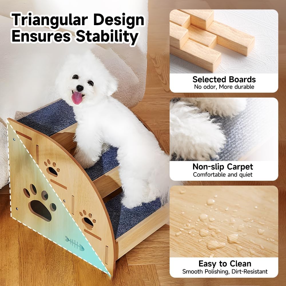 Pet Steps for Small Dogs,Wooden Cat Stairs for Old Cats,Doggy Dog Steps for Bed Couch Sofa Windows,3-Step Ladder, 16" L x 12" W x 14" H，Suitable for Height 14-17in