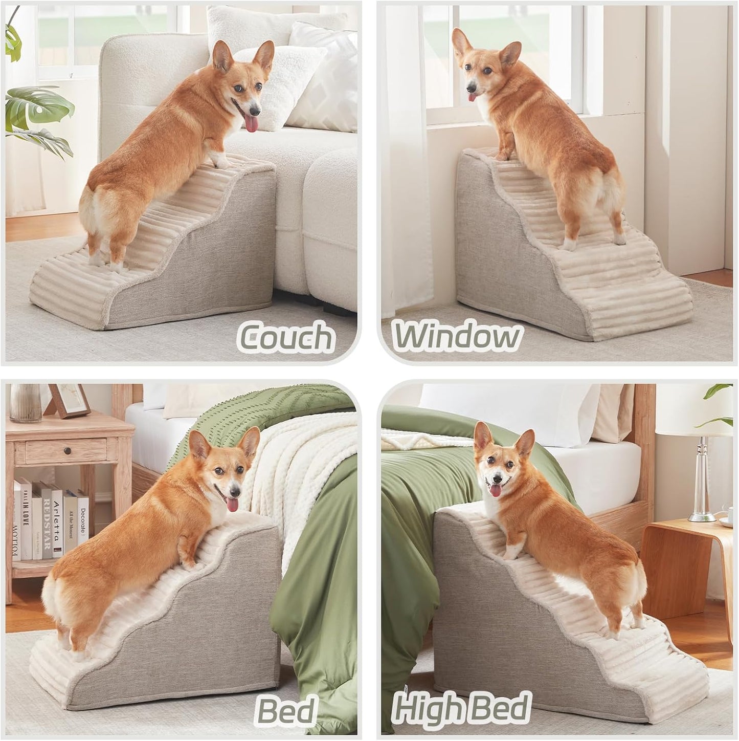 Dog Stairs for Small Dogs & Cats 15.7" H, High Density Foam Dog Steps Ramp for Couch Sofa and Chair, Pet Stairs with Non-Slip Bottom and Remove Washable Cover, 3-Step Pet Steps, Beige
