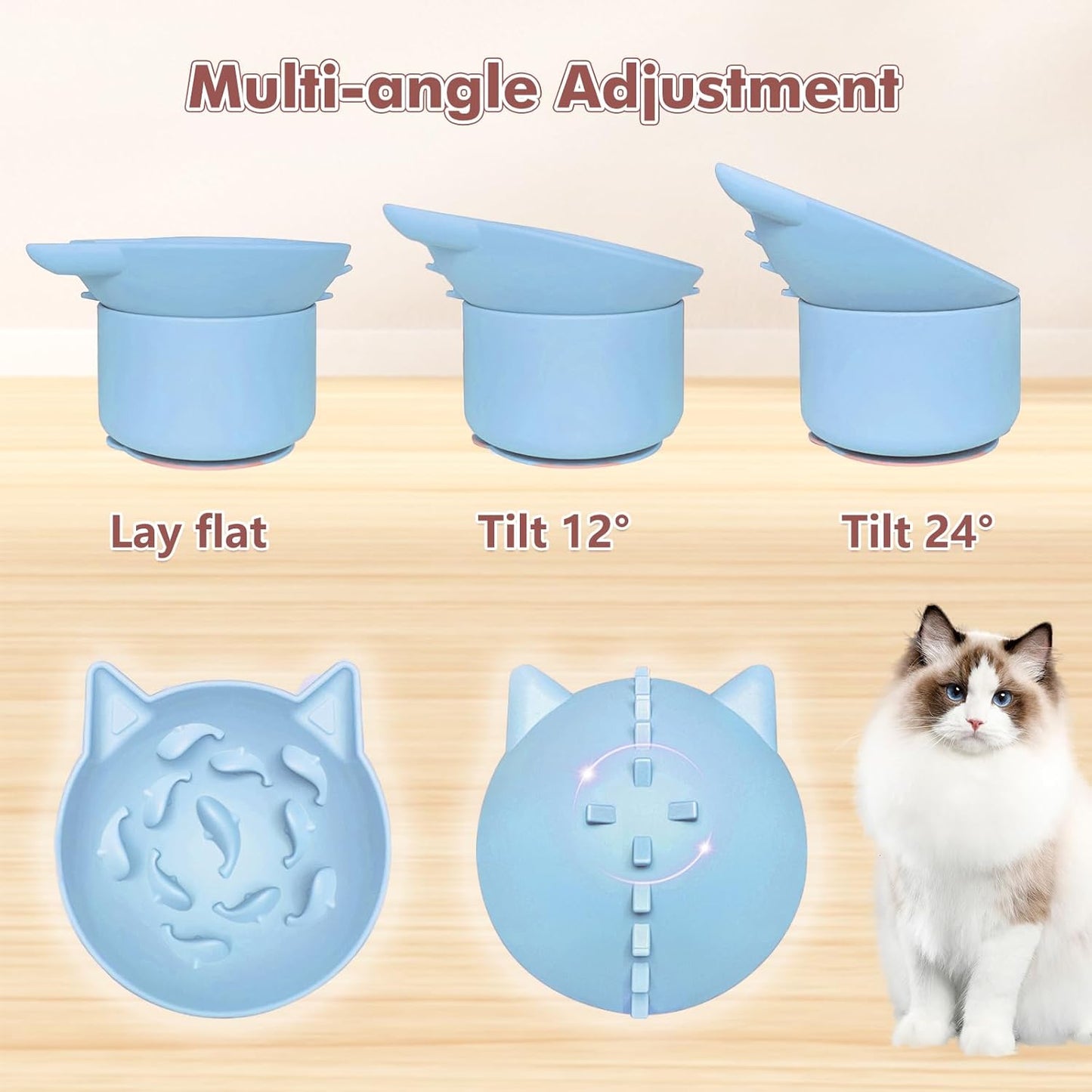 Silicone Slow Feeder Cat Bowl, Elevated Cat Slow Feeder with Suction Cups, Multi-Angle Tilt Design, No Black Chin, Suitable for Dry Wet Food (Light Blue)