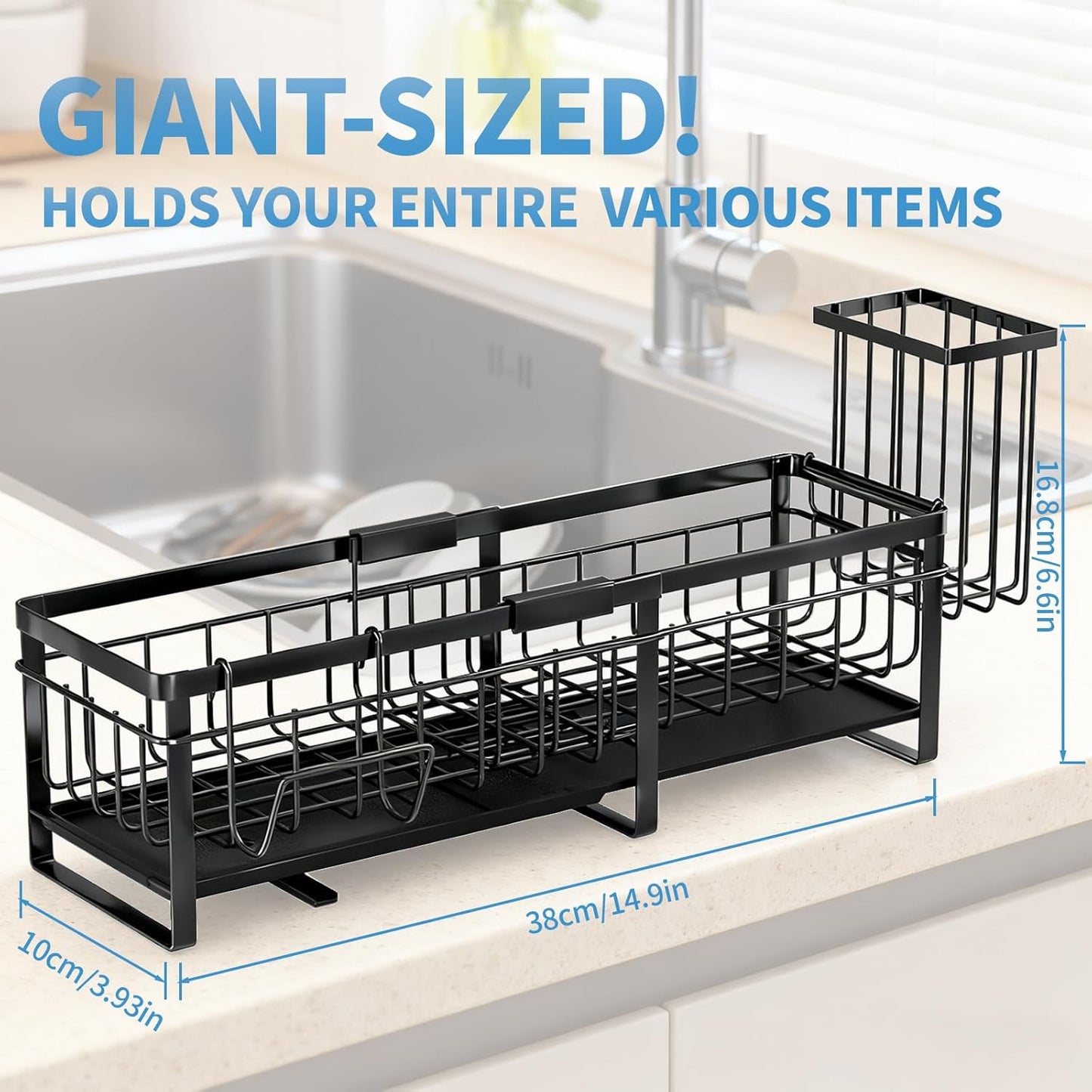 Extra Large Extendable Sponge Holder for Kitchen Sink, Rustproof Sink Caddy Organizer with High Brush Holder, Dish Soap Dispenser Organizers and Storage (Black)