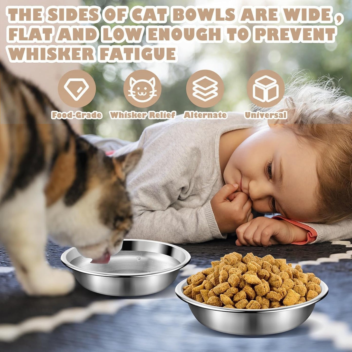 12pcs Metal Cat Bowls, 5.5in Stainless Steel, Shallow Wide Food Dishes, Relief Pet Bowls for Elevated Stand, Dishwasher Safe