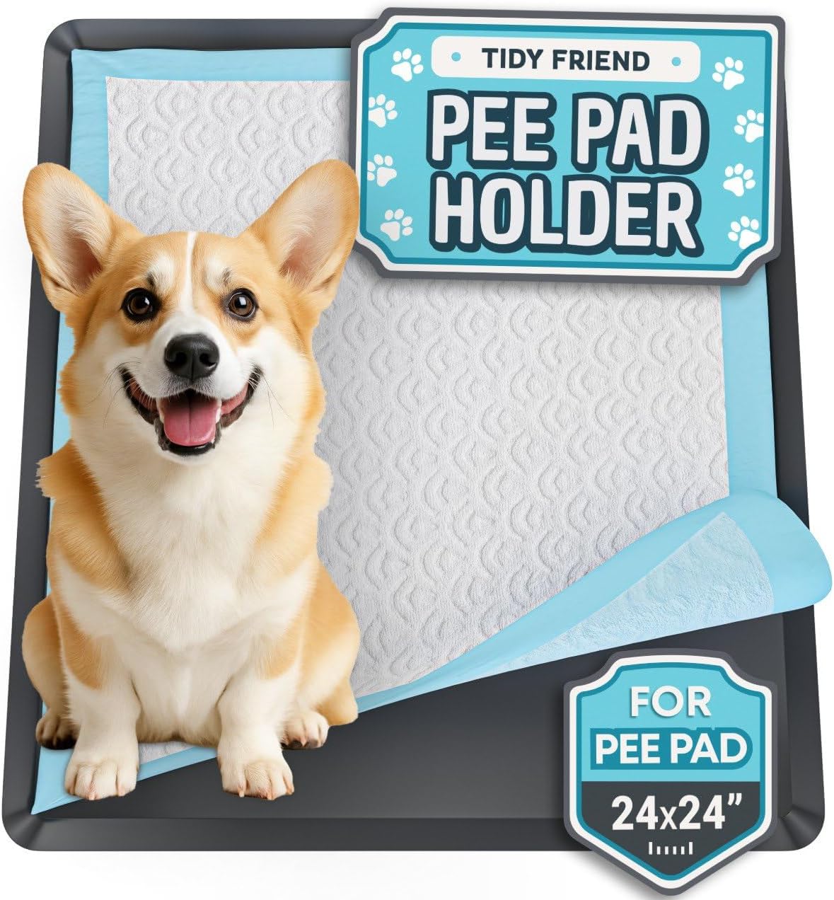 Skywin TidyFriend Dog Pee Pad Holder Tray - Fits Up to 24” x 24” Pee Pad Holder for Dogs - Stable Grip, Raised Edges, Quick-Wipe Silicone Surface Dog Pad Holder for Indoor Flooring Protection (Black)