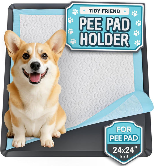 Skywin TidyFriend Dog Pee Pad Holder Tray - Fits Up to 24” x 24” Pee Pad Holder for Dogs - Stable Grip, Raised Edges, Quick-Wipe Silicone Surface Dog Pad Holder for Indoor Flooring Protection (Black)