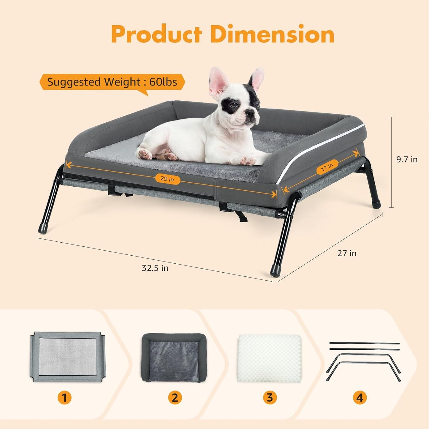 Lekereise Elevated Outdoor Dog Bed Cot + Orthopedic Indoor Small Dog Sofa Bed, 2-in-1 Design, Load 40lb, Grey