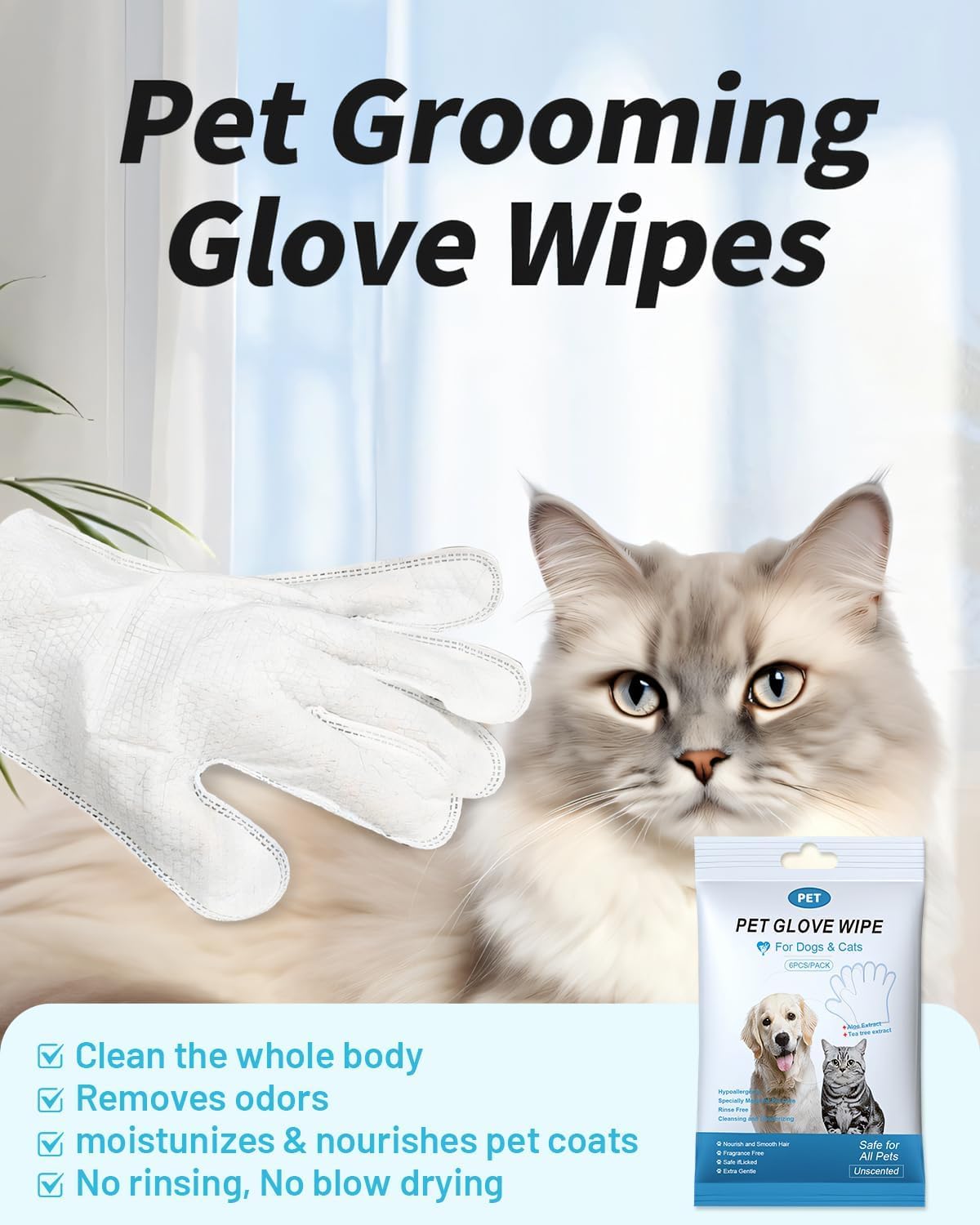 Dog Glove Wipes for Paws, Butt, Ears & Eyes - Pet Cleaning Wipes After Walk, Potty & Grooming | Extra Large Thick Rinse-Free for Dogs & Cats | Hypoallergenic Fragrance-Free for On-the-Go & Camping
