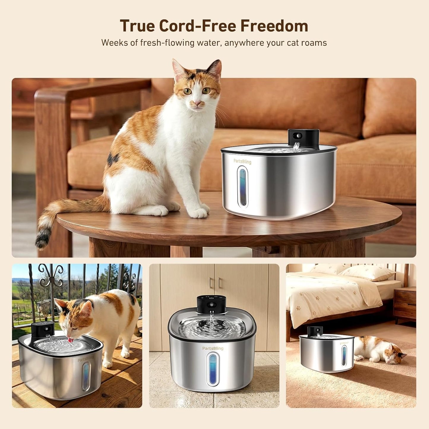 PartsBling Wireless Cat Water Fountain Stainless Steel, 4.2L/142 fl oz Cordless Pet Water Dispenser Bowl with 5000 mAh Rechargeable Battery with 4 Filters (Black Pump)