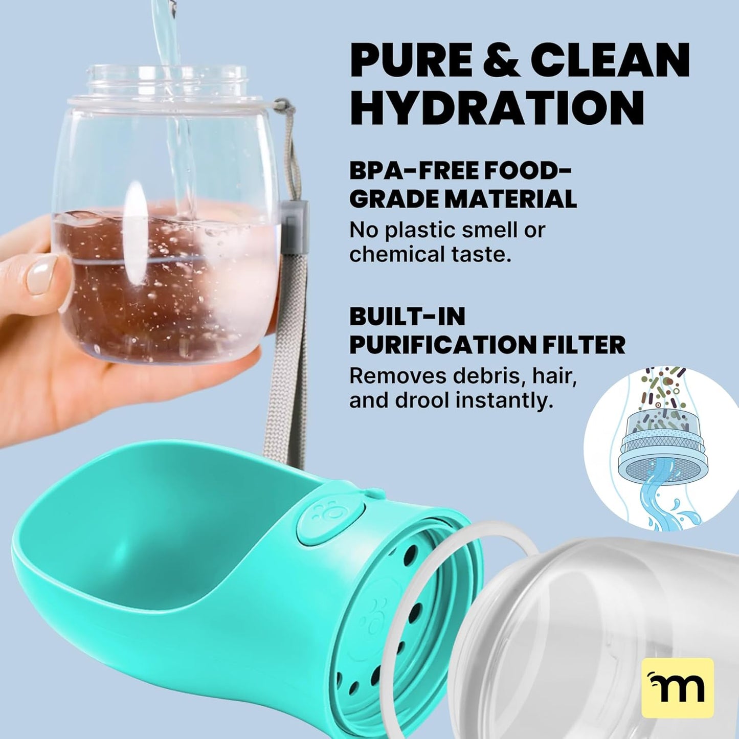 MalsiPree Dog Water Bottle Dispenser - 12 oz Blue - Leak-Proof Lock & One-Hand Operation - Dog Water Bowl Dispenser - Pet Travel Bottle with Built-in Bowl