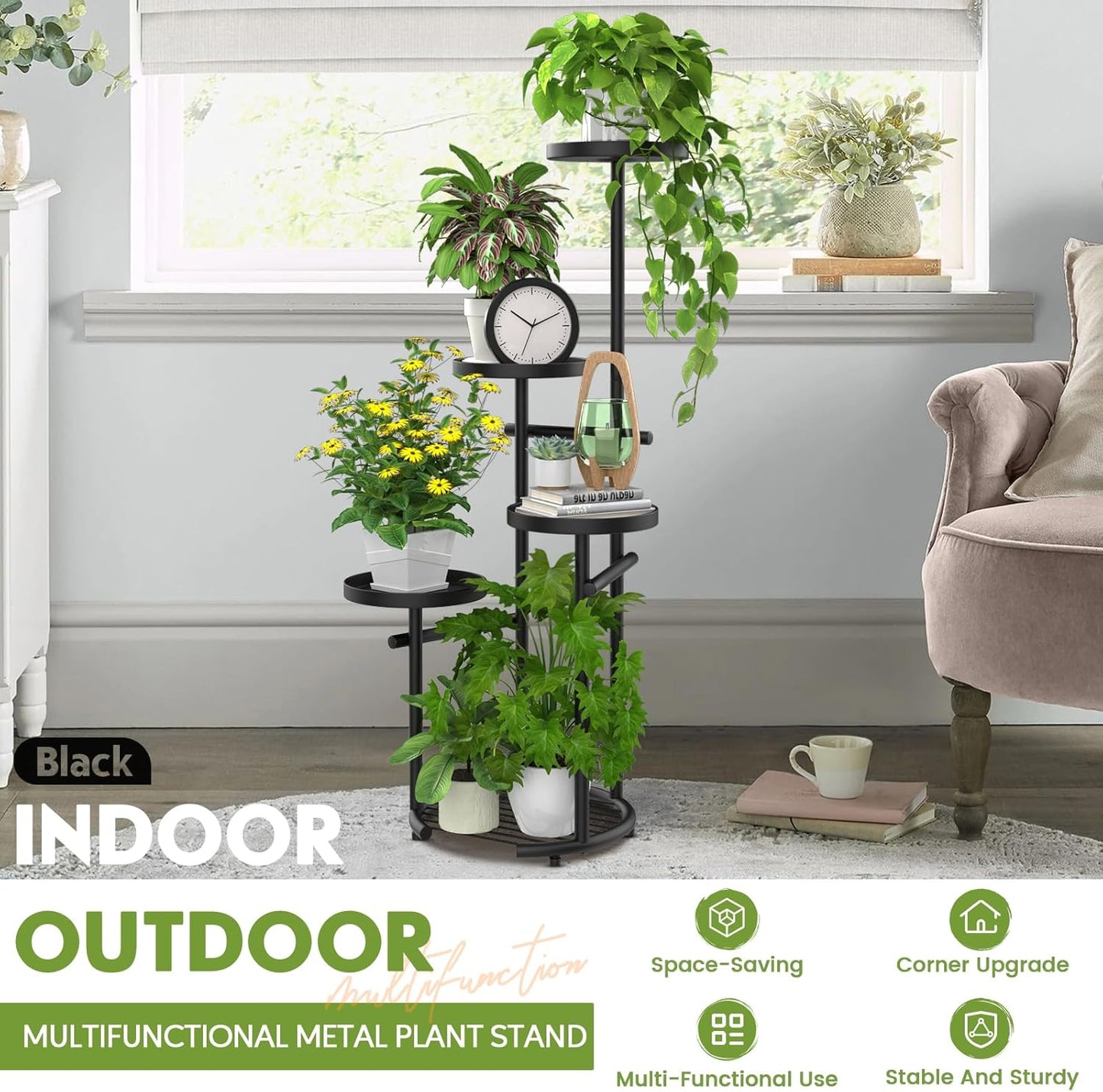 TOSKING 5-Tier Tall Plant Stand Indoor & Outdoor, Anti-Tip Round Base for Pots, Child and Pet Friendly, Heavy Duty Corner Shelf for Multiple Plants, Space-Saving Design for Living Room Balcony Garden (Black, 38in)
