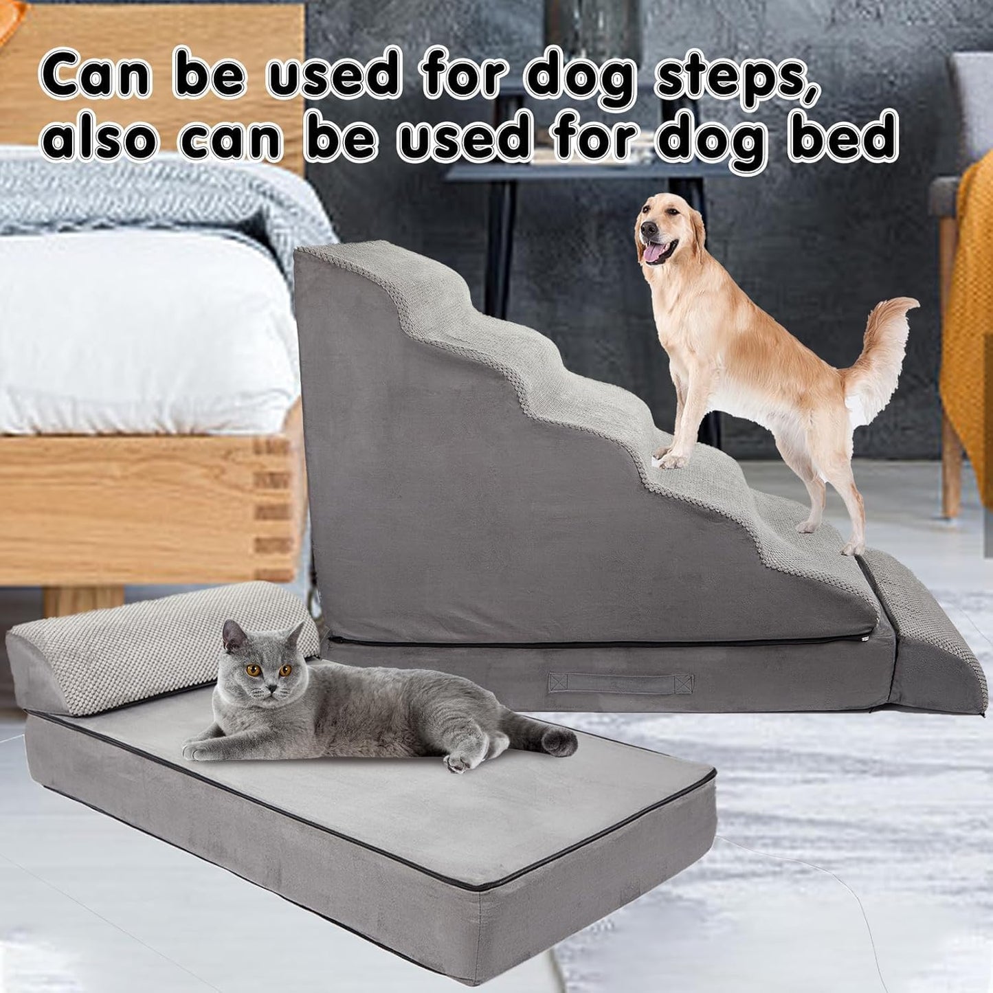 Dog Stairs for High Beds 30-36 inches Tall, 6-Step Pet Stairs/Steps for High Bed 32-36 inches for Small Large Dogs, Dog Ramp for Bed, Foam Dog Steps for Beds for Old Dogs/Cats, Grey
