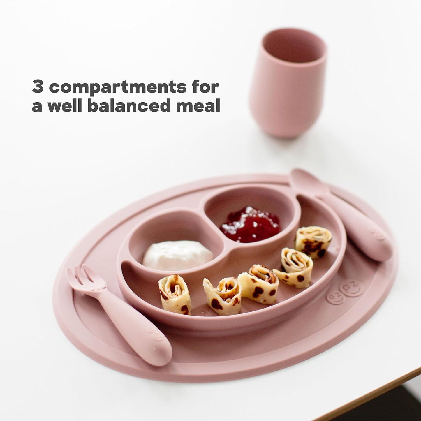ezpz Mini Mat (Blush) - 6 -12 Months+ - 100% Silicone Suction Placemat + Divided Plate with Three Compartments - Supports Baby-Led Weaning - Designed for Highchair, Table, and Travel