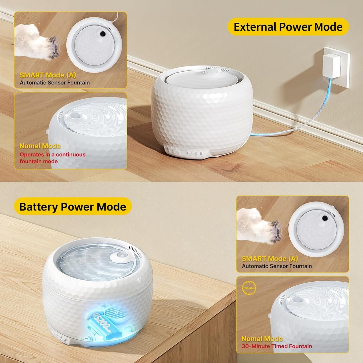 1.8L Wireless Cat Water Fountain with 5200mAh Rechargeable Battery, Cordless Pet Water Fountain with Ultra Quiet Pump, 2 Flow Modes Automatic Drinking Fountain for Cats & Small Dogs (ABS)