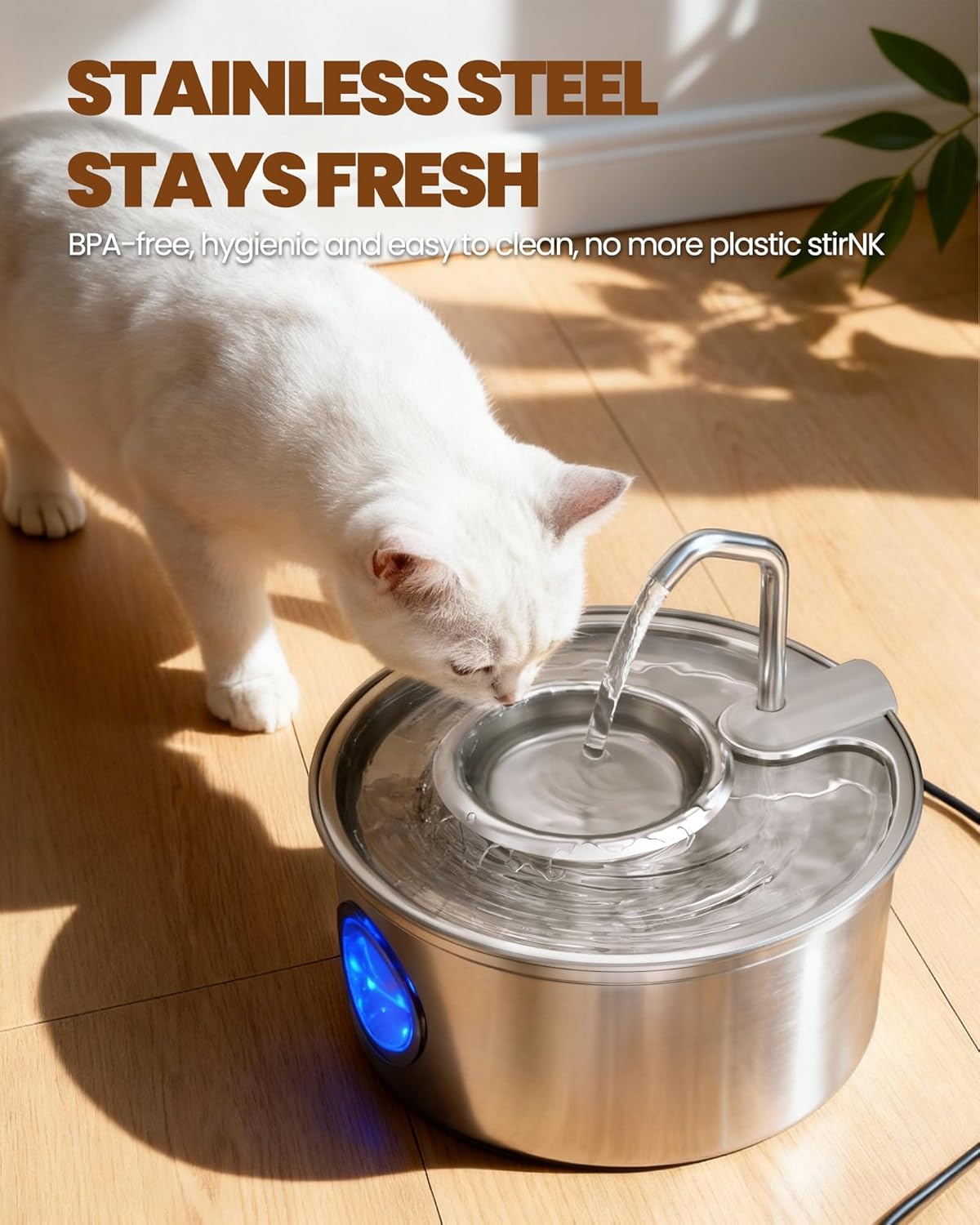 Cat Water Fountain,108oz/3.2L Stainless Steel Cat Fountain and Removable Water Bowl,Pet Fountain with Water Level Window,Quiet Pump,Multi-Filter, Water Tap, Provides Flowing,for Dog Cats