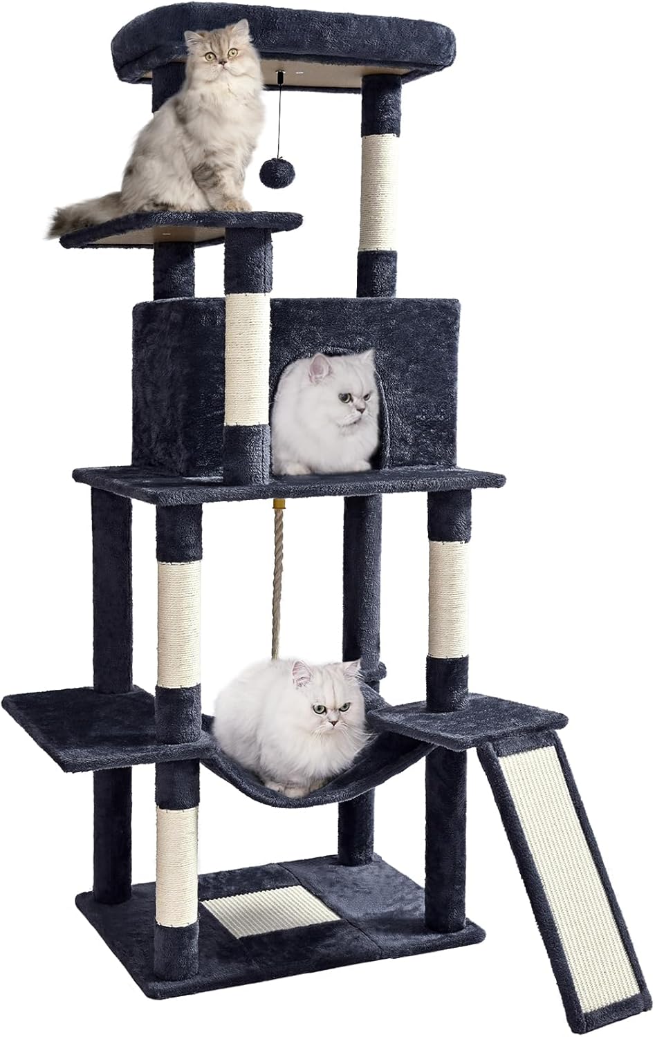 Cat Tree Tower 63in Multi-Level Cat Tower for Indoor Cats with Sisal Scratching Posts, Condo, Hammock, Dangling Ball and Extended Platform for Cats to Play, Dark Grey