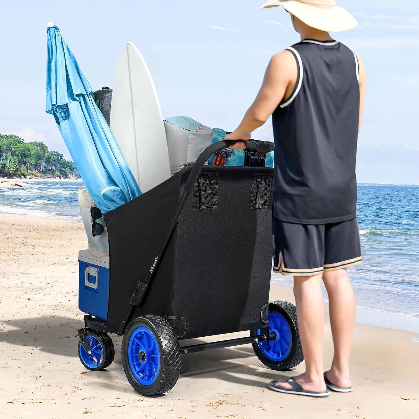 KEDSUM Beach Wagon with Big Wheels for Sand, 400LBS Heavy Duty Beach Cart with 12" All Terrain Rubber Wheels, 320L Large Capacity Collapsible Wagon for Garden Sports Camping Outdoor Activities