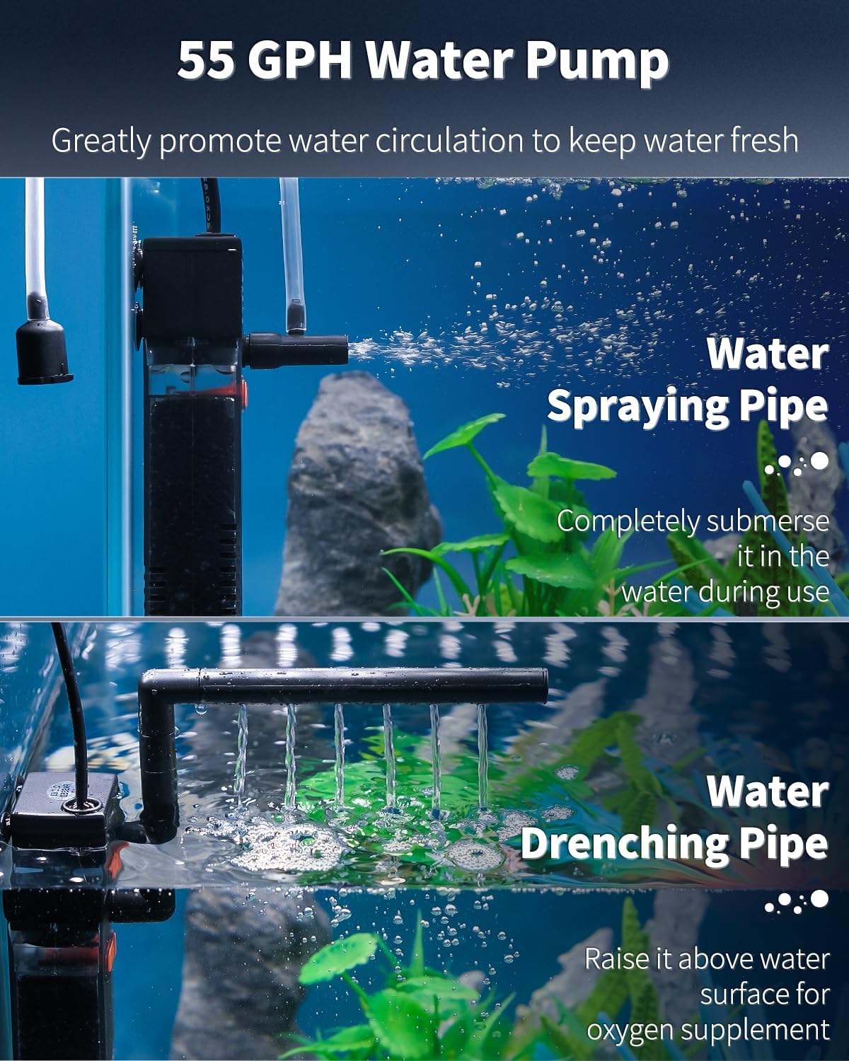 Pawfly Internal Aquarium Filter, Submersible Power Filter with 55 GPH Water Pump for 3 to 10 Gallon Fish Tanks Filtration Circulation and Oxygenation