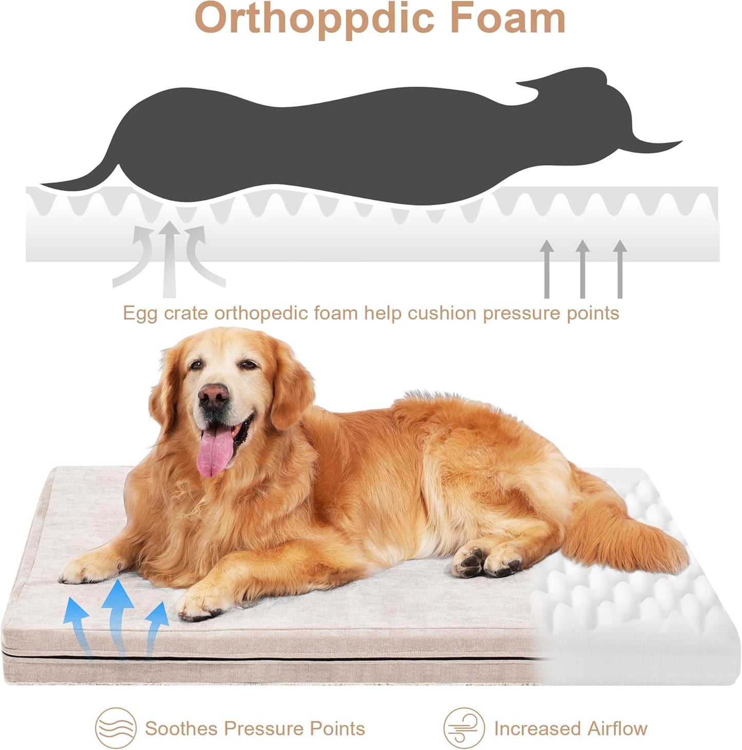 Orthopedic Dog Bed with Egg Crate Foam, Removable Washable Cover Anti-Slip Bottom for Large Breeds, Memory Foam Dog Crate Pad, Perfect for Indoor or Outdoor Comfort Beige Brown 44x32 inch
