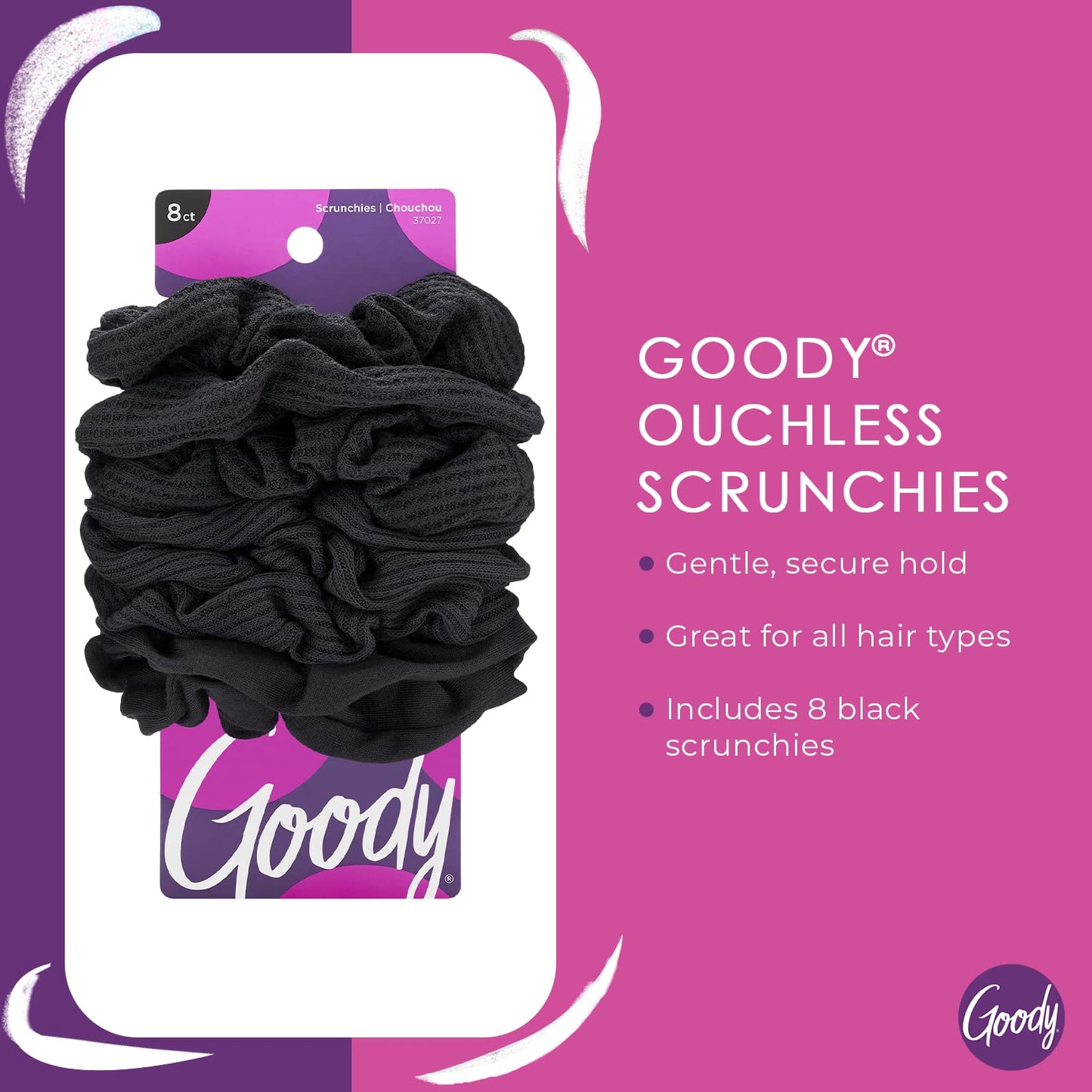Goody Ouchless Jersey Scrunchies 8 Count Black Fabric Hair Ties, Dentless Damage-Free Secure Hold, Soft Stretch Accessories for Women Men All Hair Types