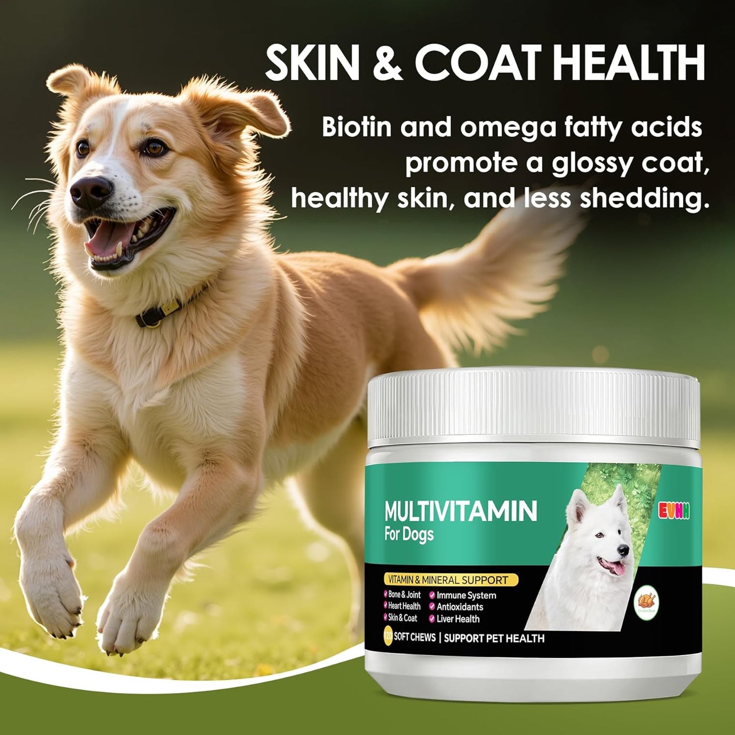 Multivitamin for Dogs，Dog Multivitamin Chews with Essential Vitamins & Minerals - Skin & Coat Health, Immune Support, Heart & Liver Care, Chicken Flavor, 120 Count