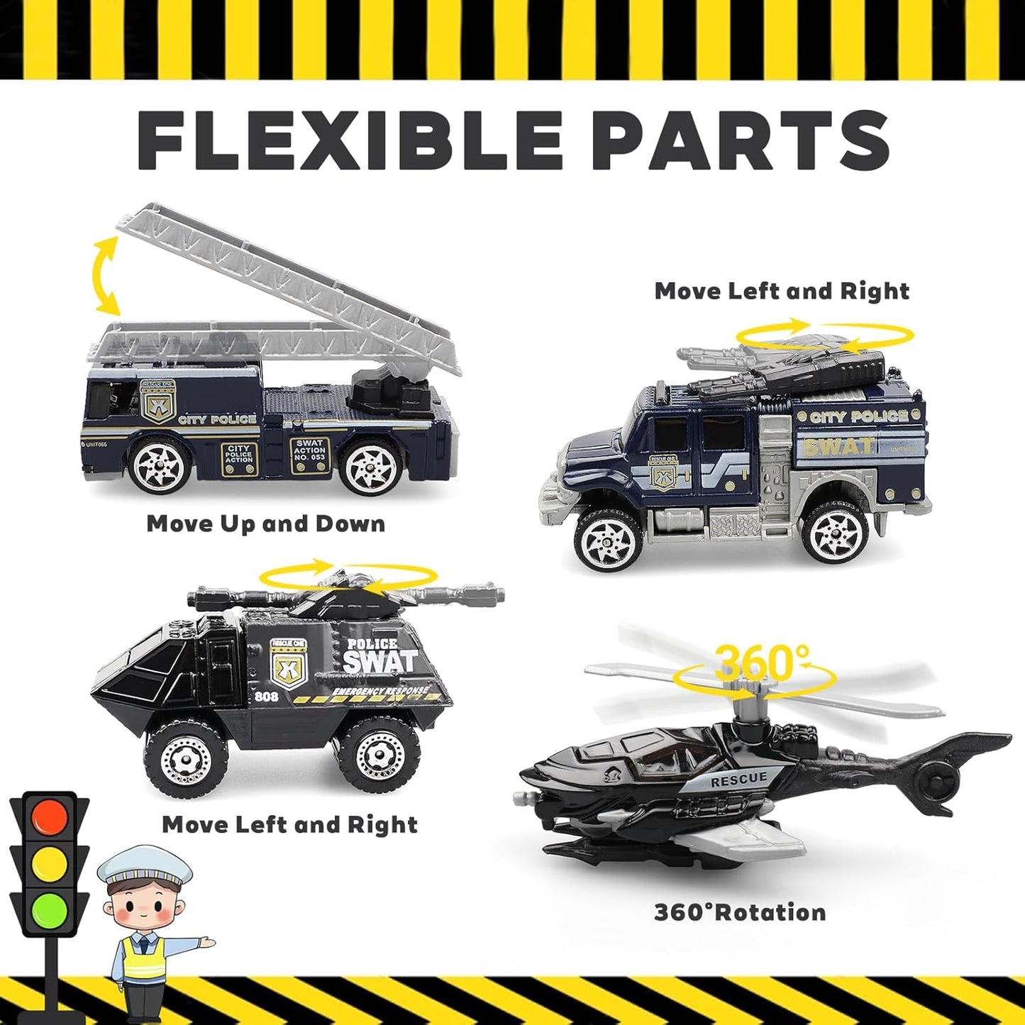 6 Pack Diecast Police Car Toy Set – Mini Alloy Police Vehicles for Boys Ages 3-7, Includes Armored Car, Rescue Truck, Bulletproof SUV, Military Helicopter – Birthday Gift for Kids