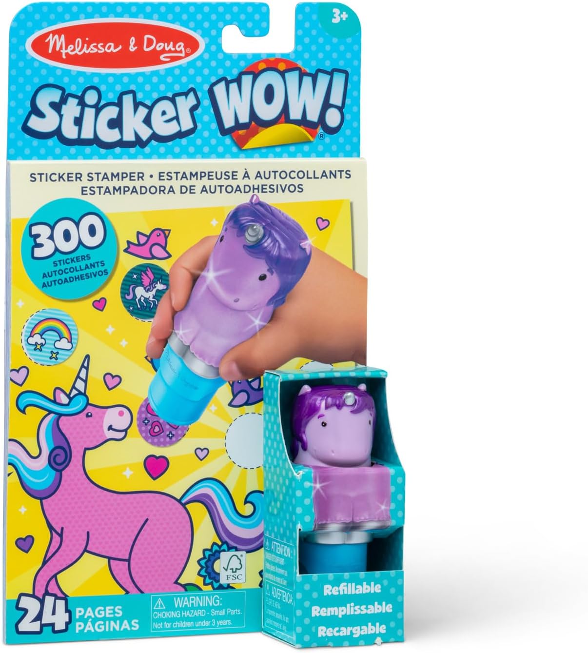 Melissa & Doug Sticker Wow!™ 24-Page Activity Pad and Sticker Stamper, 300 Stickers, Arts and Crafts Fidget Toy Collectible Character – Purple Unicorn - for Kids Ages 3+ - FSC Certified