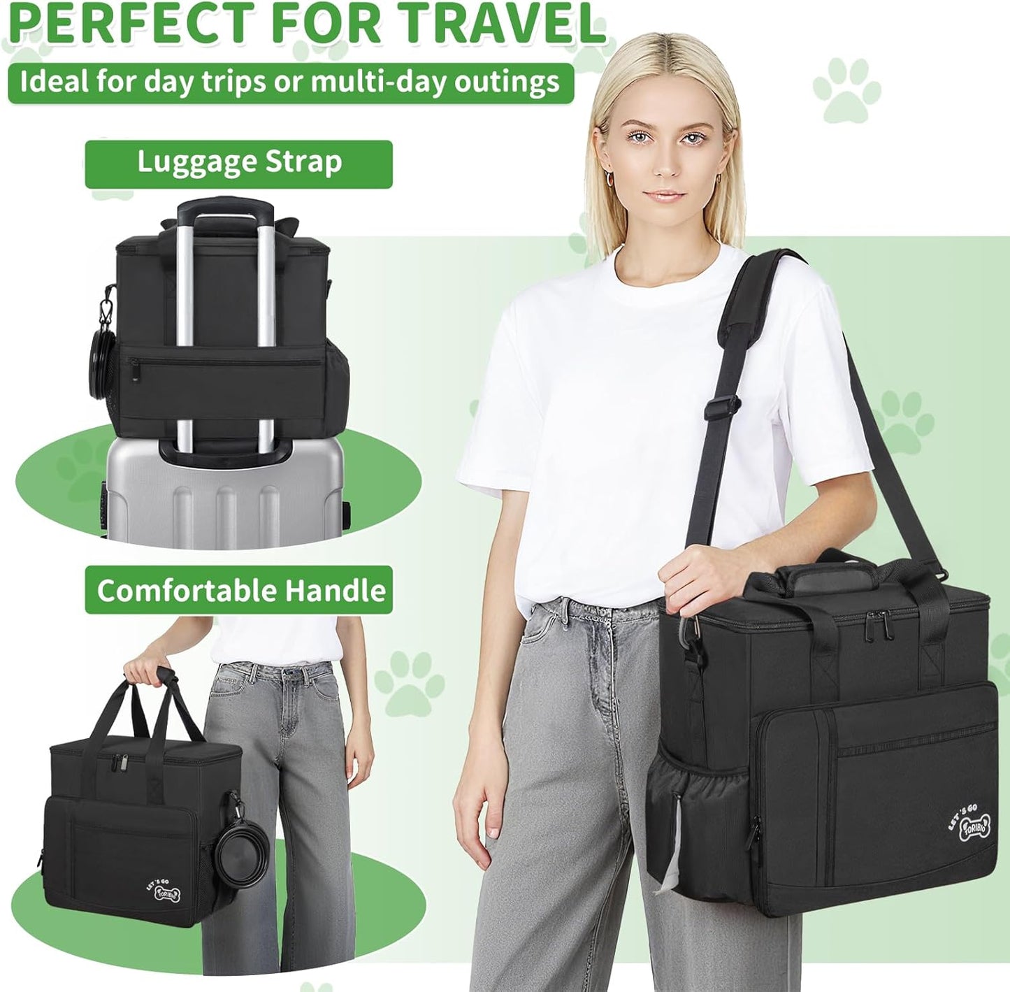 TORIBIO Dog Travel Bag,Large Pet Travel Bag for Supplies with 2 Food Container and Collapsible Bowls,Dog Travel Supplies Organizer Kit for Weekend,Road Trips,Camping