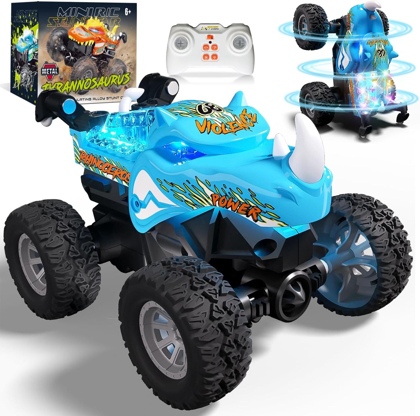 Gohero 1:64 Monster Trucks Toys, 2.4GHz Mini Remote Control Car for Boys 4-7, 360° Spin & Walk Upright ，Little Blue Truck Metal Shell & RGB Light，Boys Toys 6-8 Years Old ，Christmas& Birthday Gifts