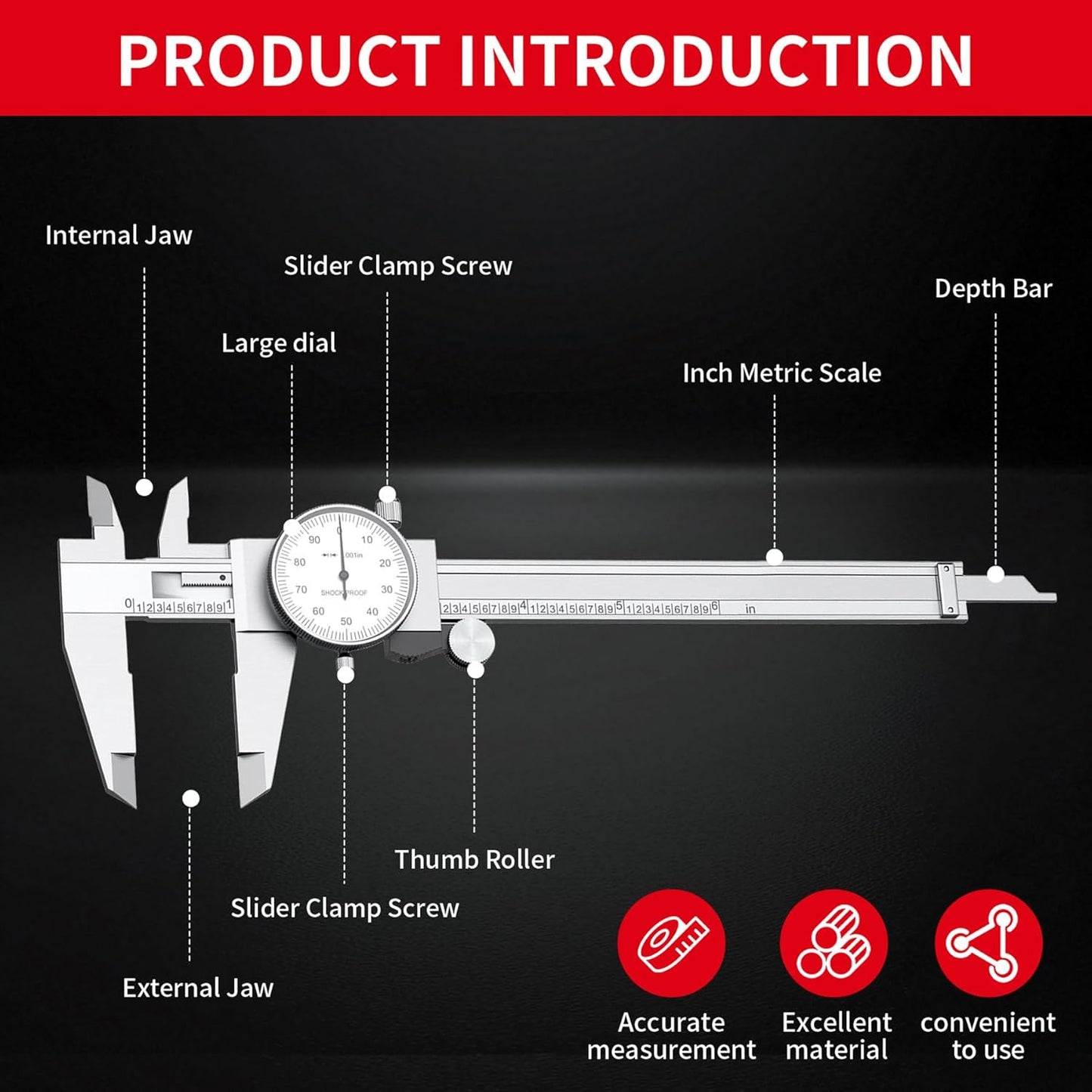 0-6 inch Dial Caliper Measuring Tool Imperial Stainless Steel 4-Way Dial Caliper 0.001" Shockproof with Plastic Case