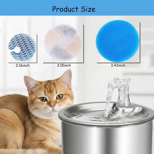 8 Pack Cat Water Fountain Filter Replacements – Compatible with 2.2L/73oz Round Stainless Steel Automatic Pet Fountain, Activated Carbon & Triple Filtration System