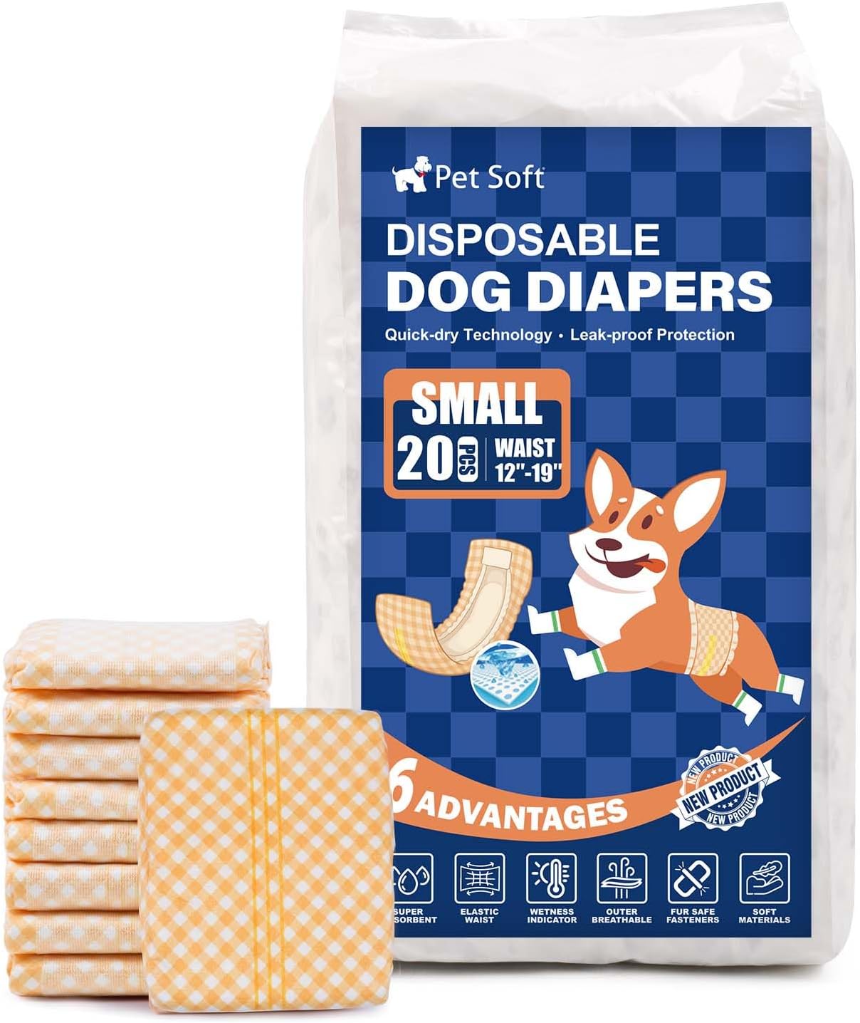 Pet Soft Male Dog Wraps - Disposable Dog Dipaers Male Wetness Indicator, Ultra Absorbent Puppy Diapers for Excitable Urination or Incontinence, 20pcs Small