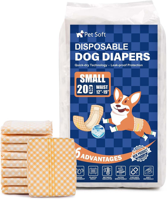 Pet Soft Male Dog Wraps - Disposable Dog Dipaers Male Wetness Indicator, Ultra Absorbent Puppy Diapers for Excitable Urination or Incontinence, 20pcs Small