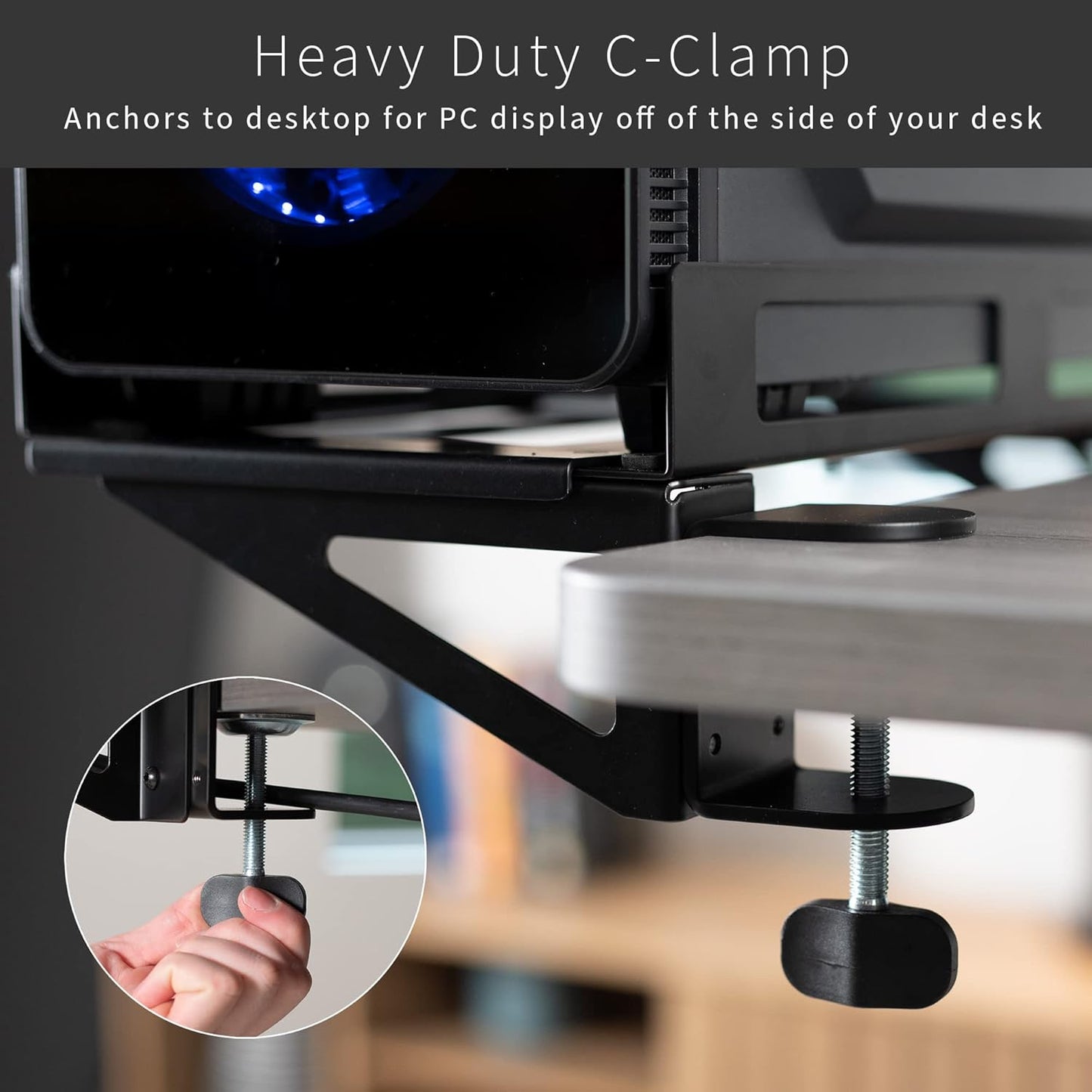 VIVO Clamp-on Desk Extender PC Desk Mount Holder with Wall Mount Option, Standard and Large Gaming Computer Case Stand, Adjustable with Secure Locking, Black, MOUNT-PC07G
