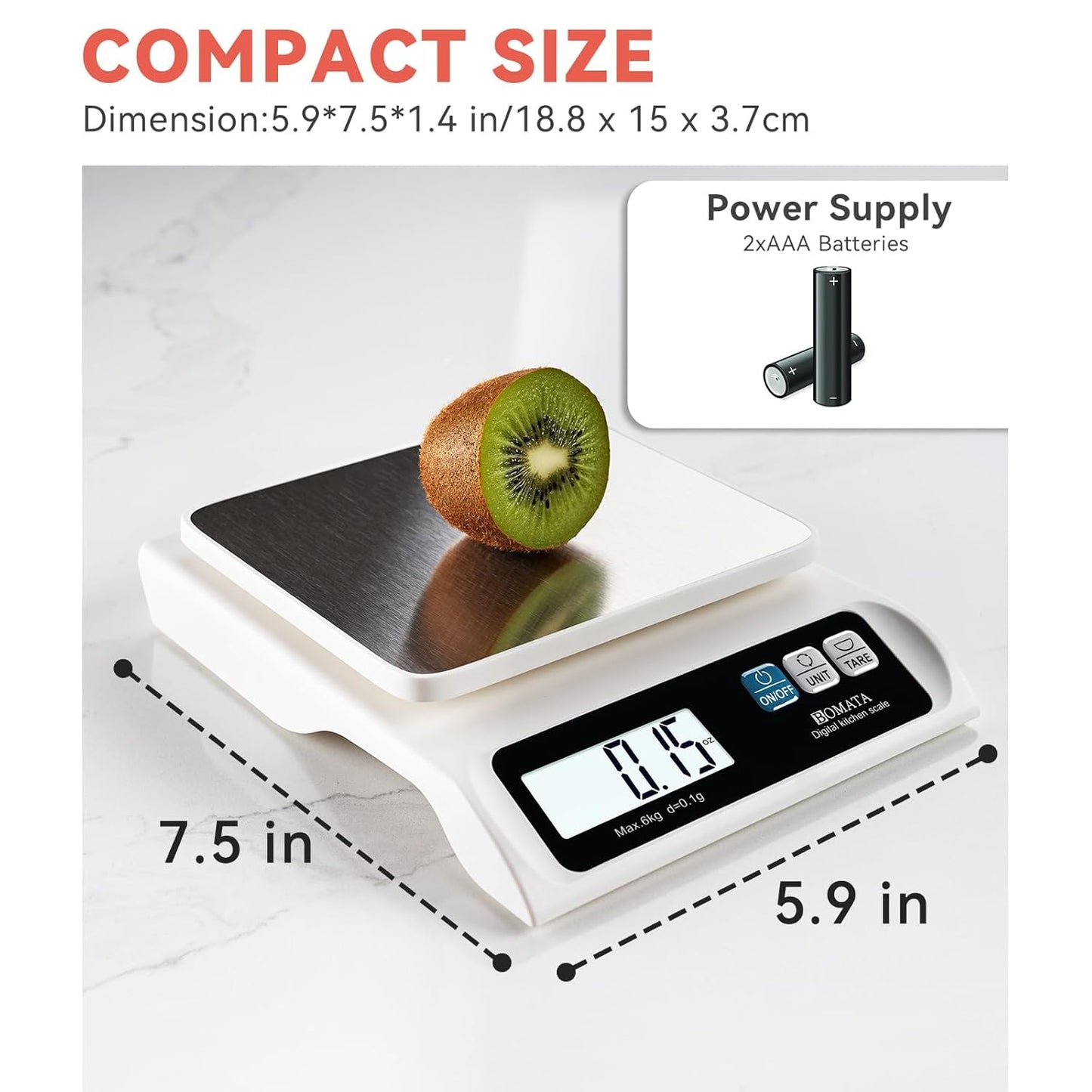 BOMATA 0.1g/ 13lb Food Scale, Digital Kitchen Scale with Removable Stainless Steel Pan, Backlit LCD Display, for Cooking, Baking B621 White