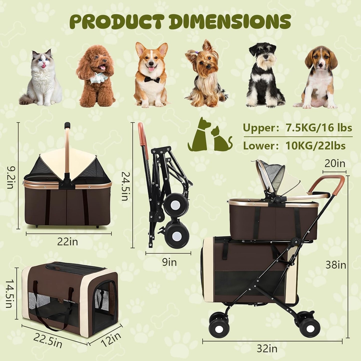 Double Pet Stroller for Dogs and Cats, One-Step Folding Dog Stroller Travel Carriage for Small Medium Dogs Cats, 2 Detachable Carrier Bags, 4 Lockable Wheels (Brown)