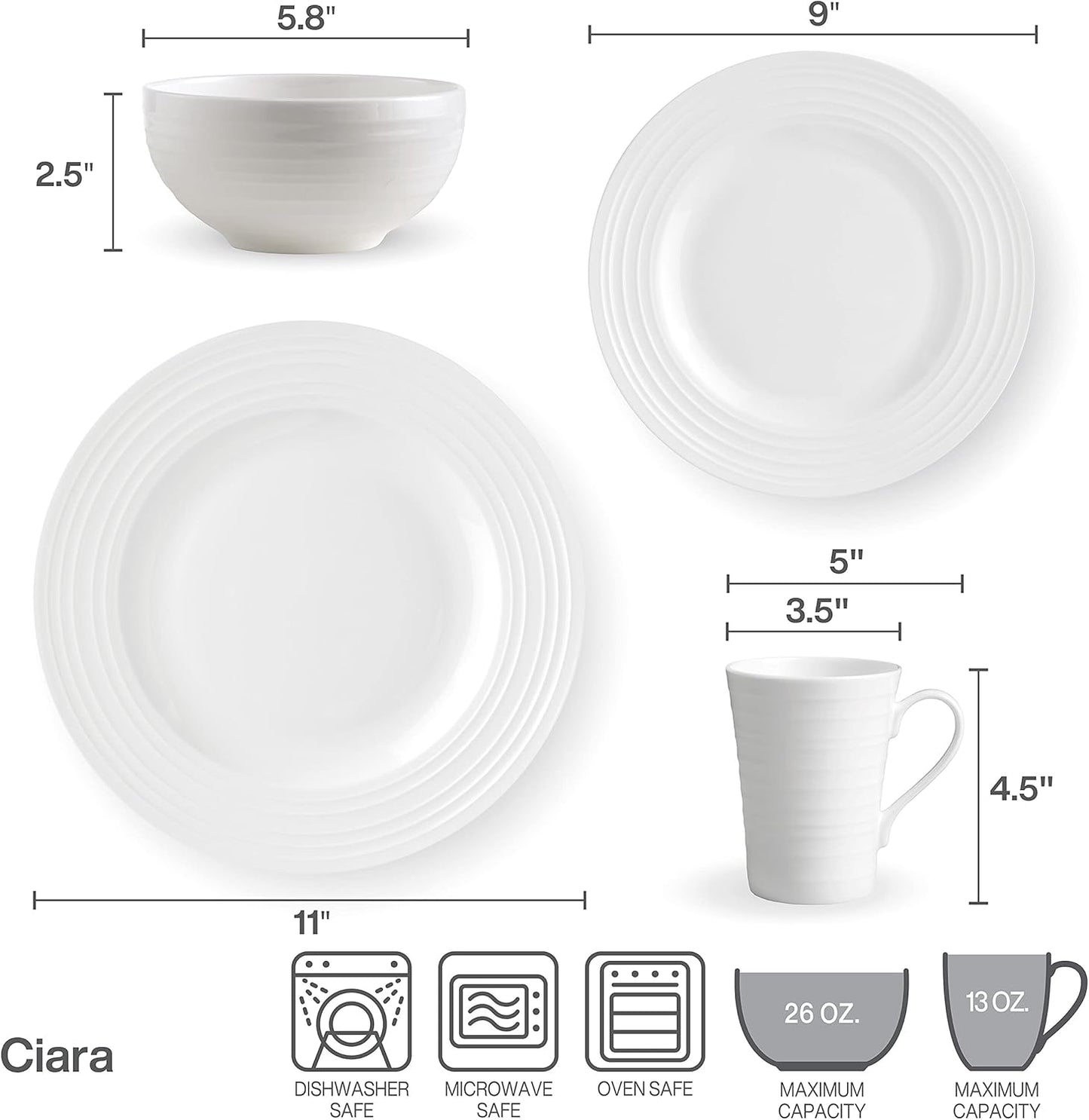 Mikasa Ciara 16 Piece Bone China Dinnerware Set, Service for 4, Lightweight and Durable Plates Bowls and Mugs, Elegant White Dinnerware for Everyday Use