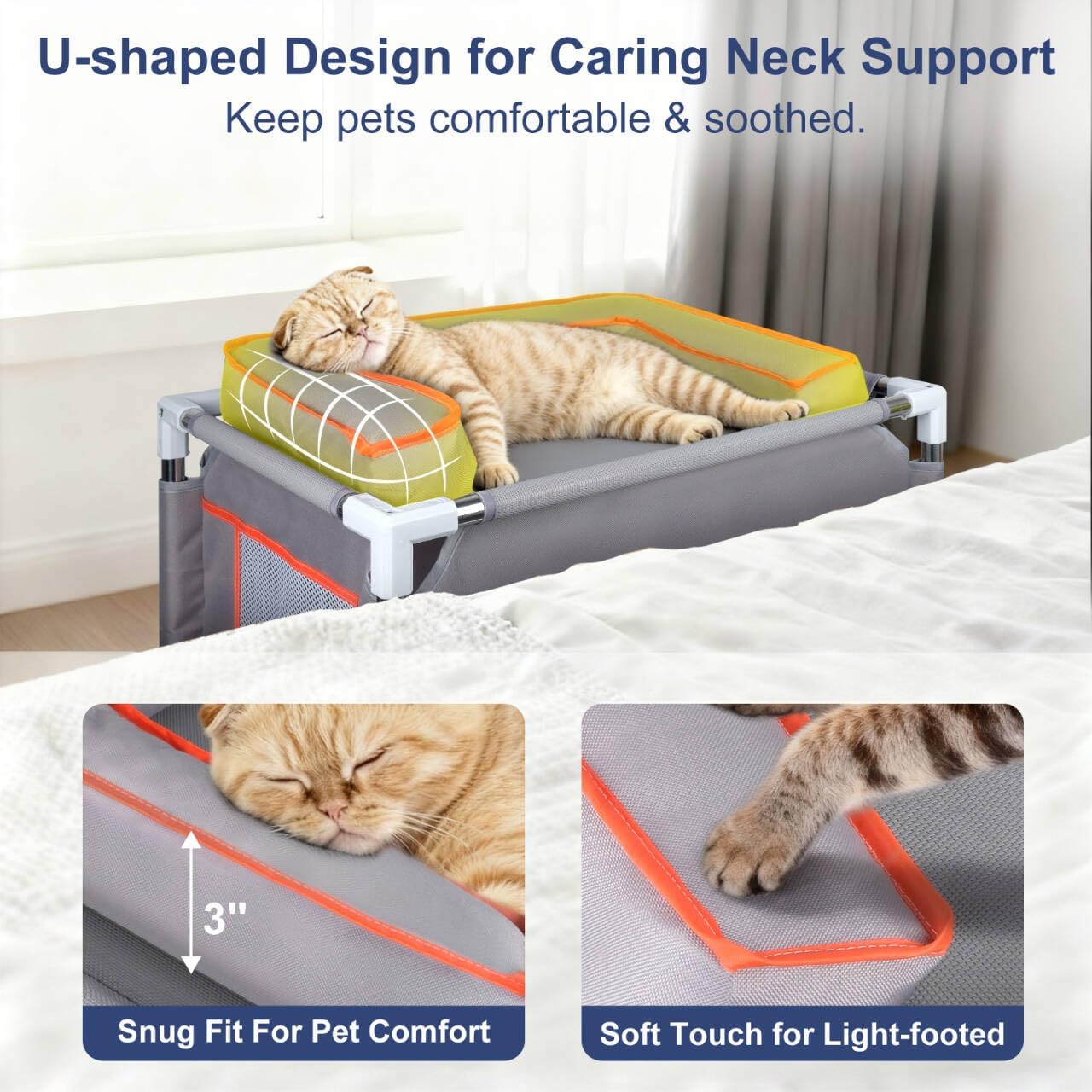 25.5"*17"*17.7" Bedside Dog Bed for Small-Medium Pet,Stainless Steel Frame & Oxford Fabric Dog Bunk Bed with Neck Pillow, Cat Bed Attachment to Human Bed, Elevated Pet Bed,Cat&Dog Perch, Lightweight