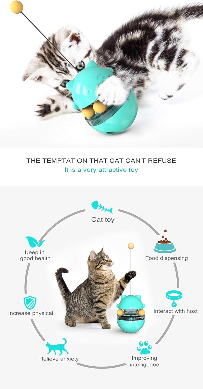 Premium Cat Treat Dispensing Toy, Wobbler Interactive Cat Feeder with Teaser Wand, Adjustable Slow Feeder Ball for Indoor Cats, Kitten Entertainment & Mental Stimulation (Blue)