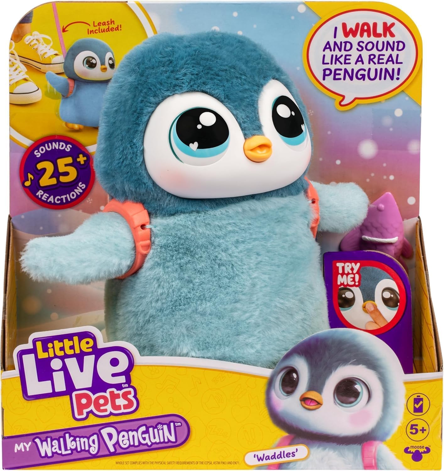 Little Live Pets Walking Penguin My Pet Waddles, Interactive Plush Penguin with 25+ Sounds and Detachable Leash, Toy Penguins for Kids of Ages 5+